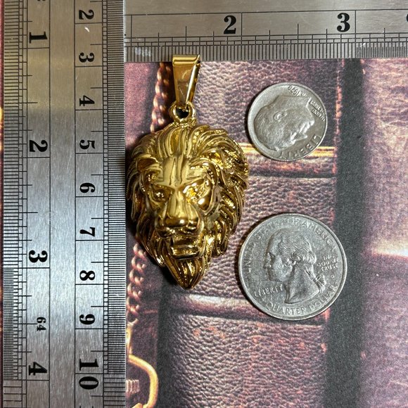 Large Huge Bold Yellow Gold Plated Stainless Steel Lion Pendant Courage Symbol - Picture 6 of 9